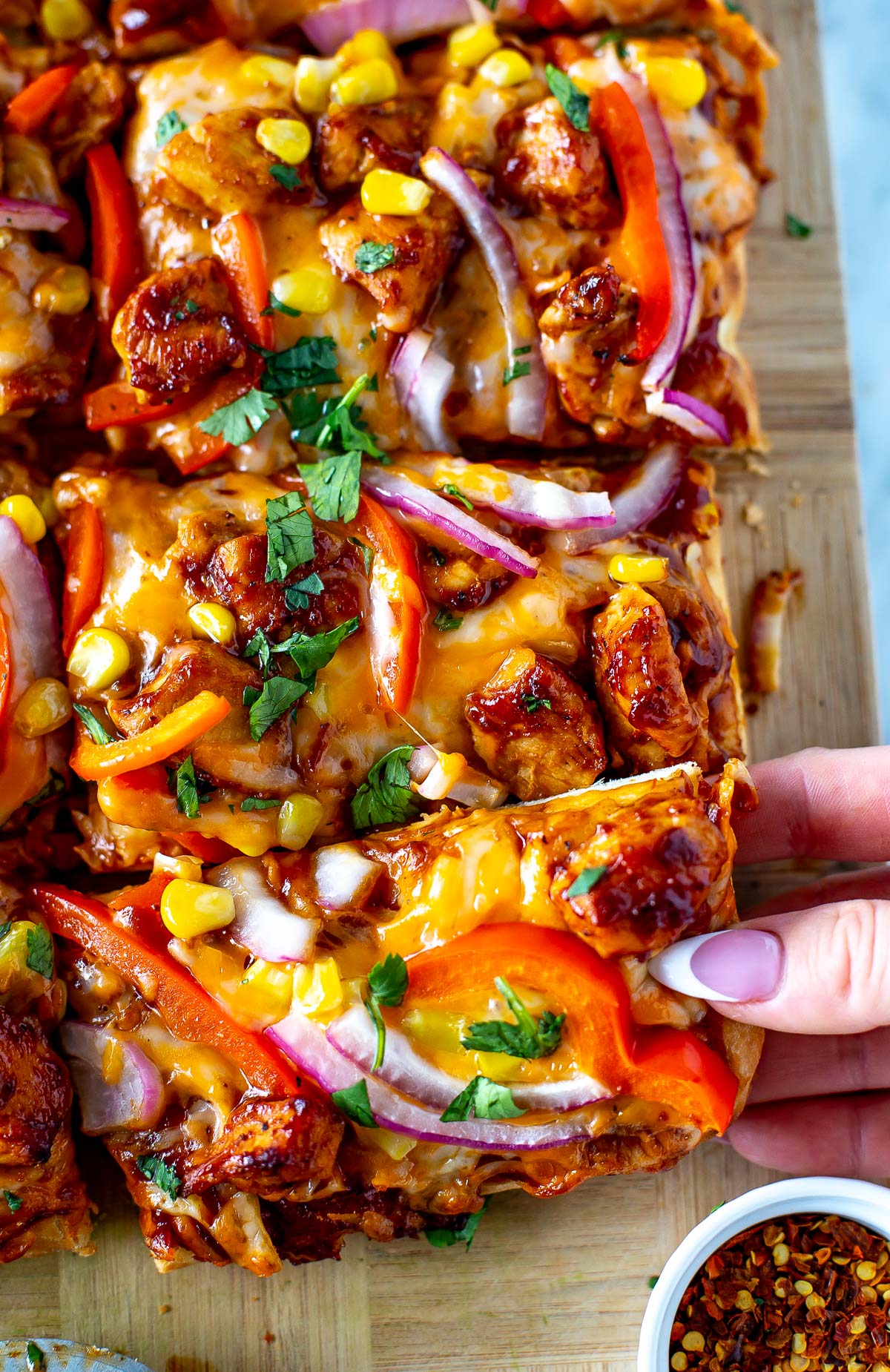 overhead shot of the dish - BBQ Chicken Flatbread 4