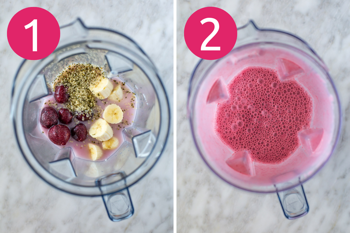 Collage image of Easy Cherry Smoothie step 1 & 2.