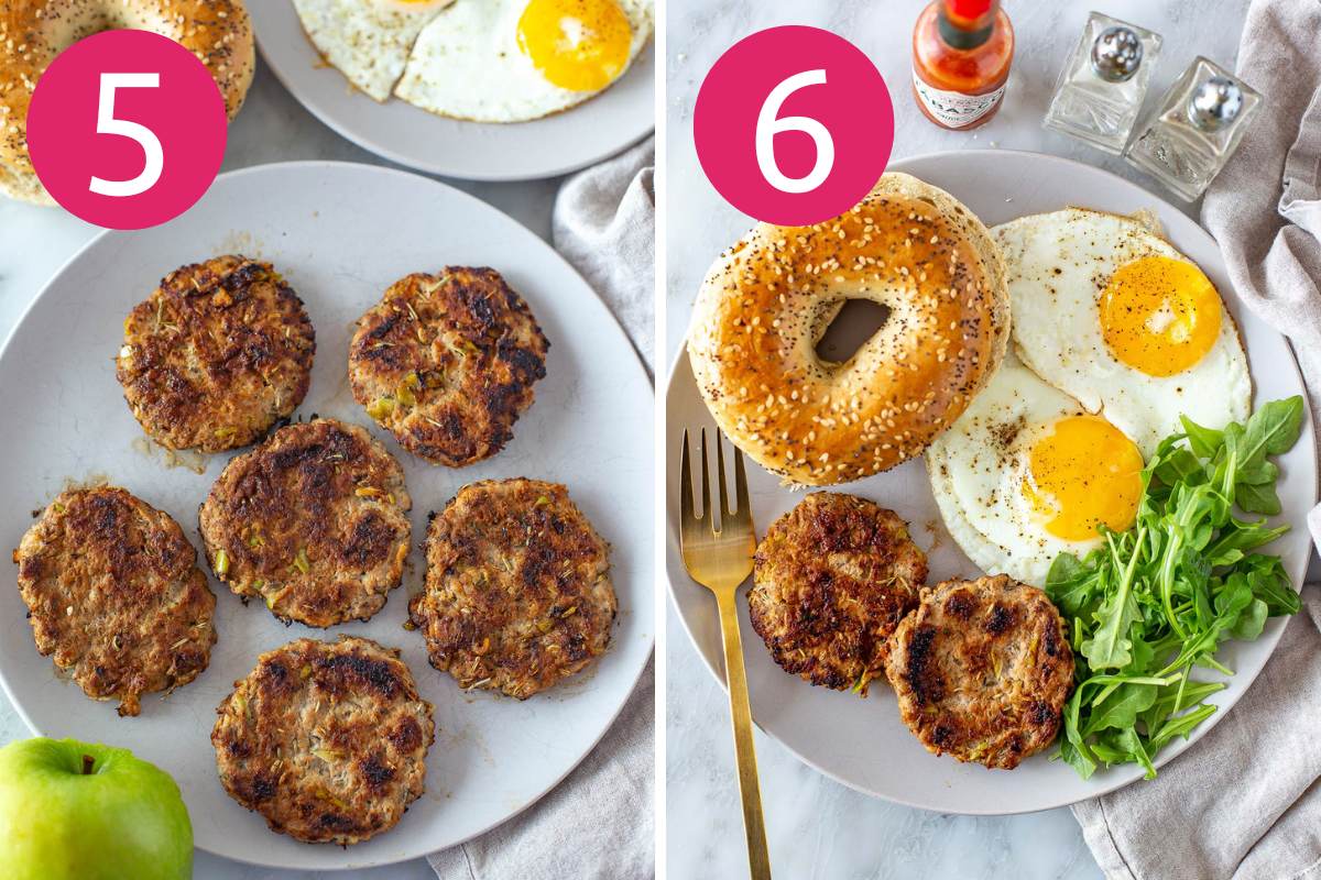 Collage image of Easy Chicken Apple Sausage step 5 & 6.