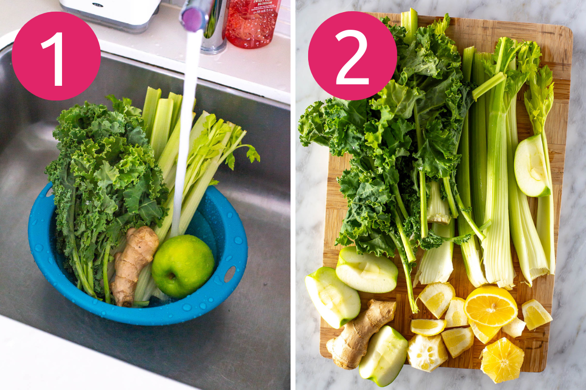 Collage image of Easy Green Juice step 1 & 2.