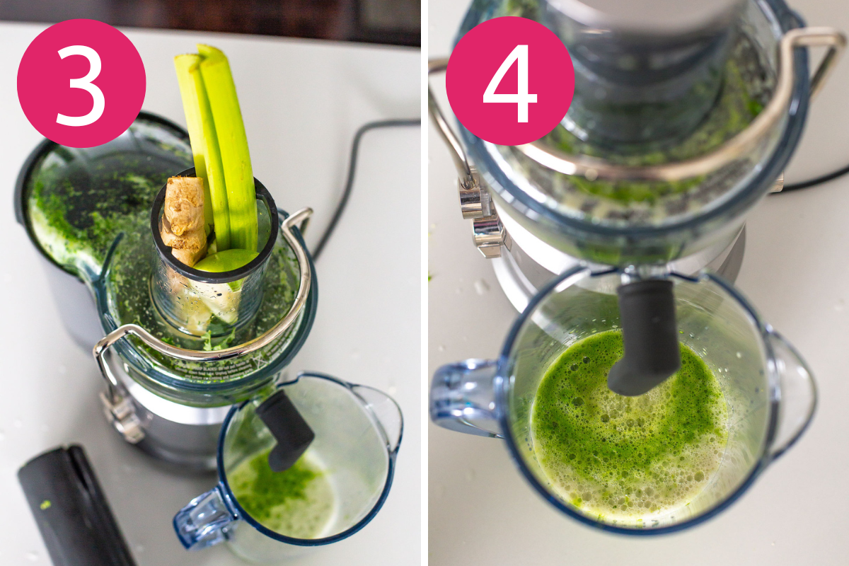 Collage image of Easy Green Juice step 3 & 4.