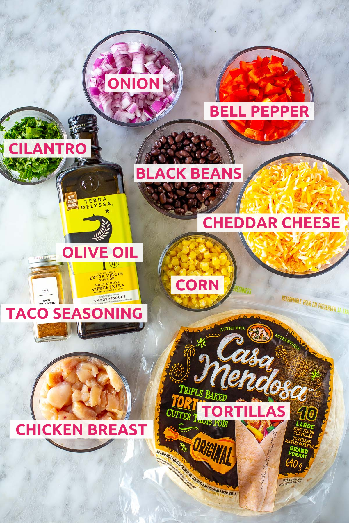 Overhead shot of all the ingredients for easy sheet pan quesadillas with labels.