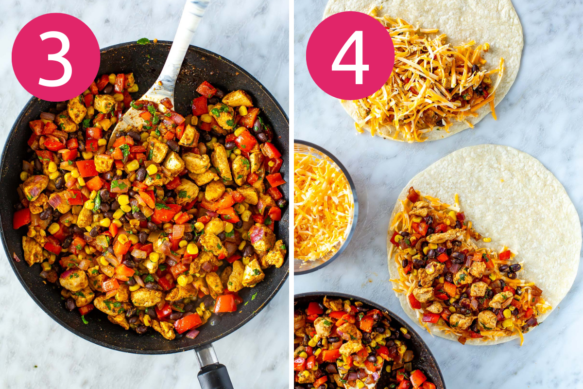 Collage image of Easy Sheet Pan Quesadillas step 5 & 6.