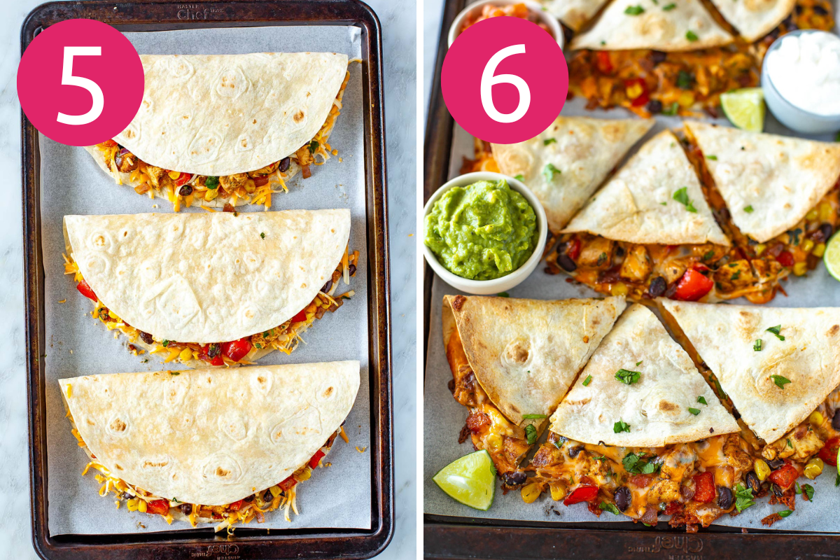 Collage image of Easy Sheet Pan Quesadillas step 5 & 6.