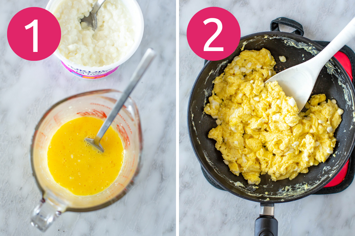 Collage image of High Protein Cottage Cheese Eggs step 1 & 2.