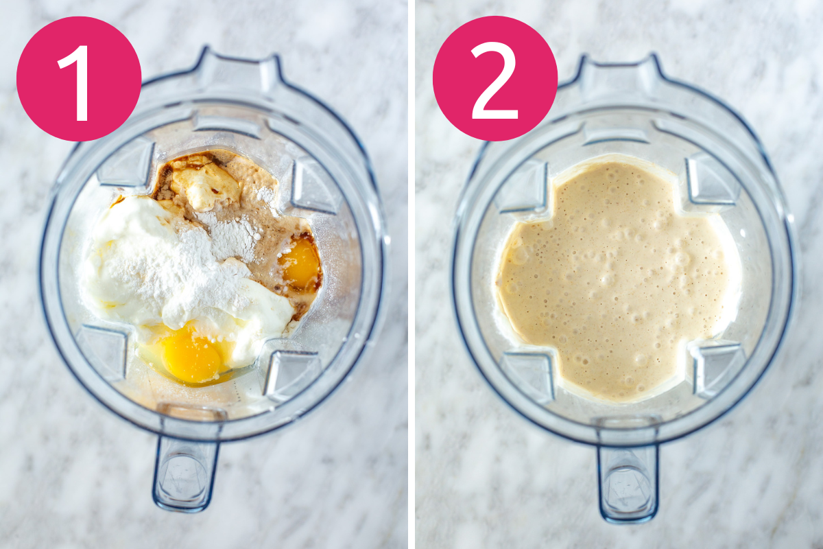 Collage image of step 1 & 2 of High Protein Greek Yogurt Pancakes.