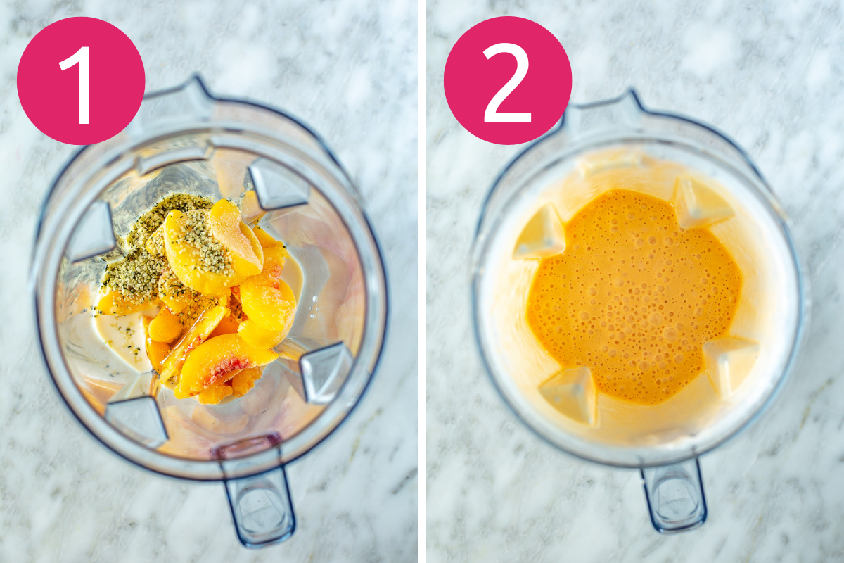 Collage image of Peach Smoothie {High Protein!} step 1 & 2.