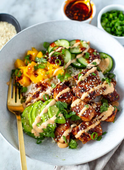 overhead shot of chili crisp salmon bowl 2