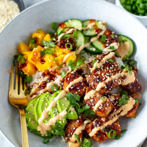 overhead shot of chili crisp salmon bowl 2