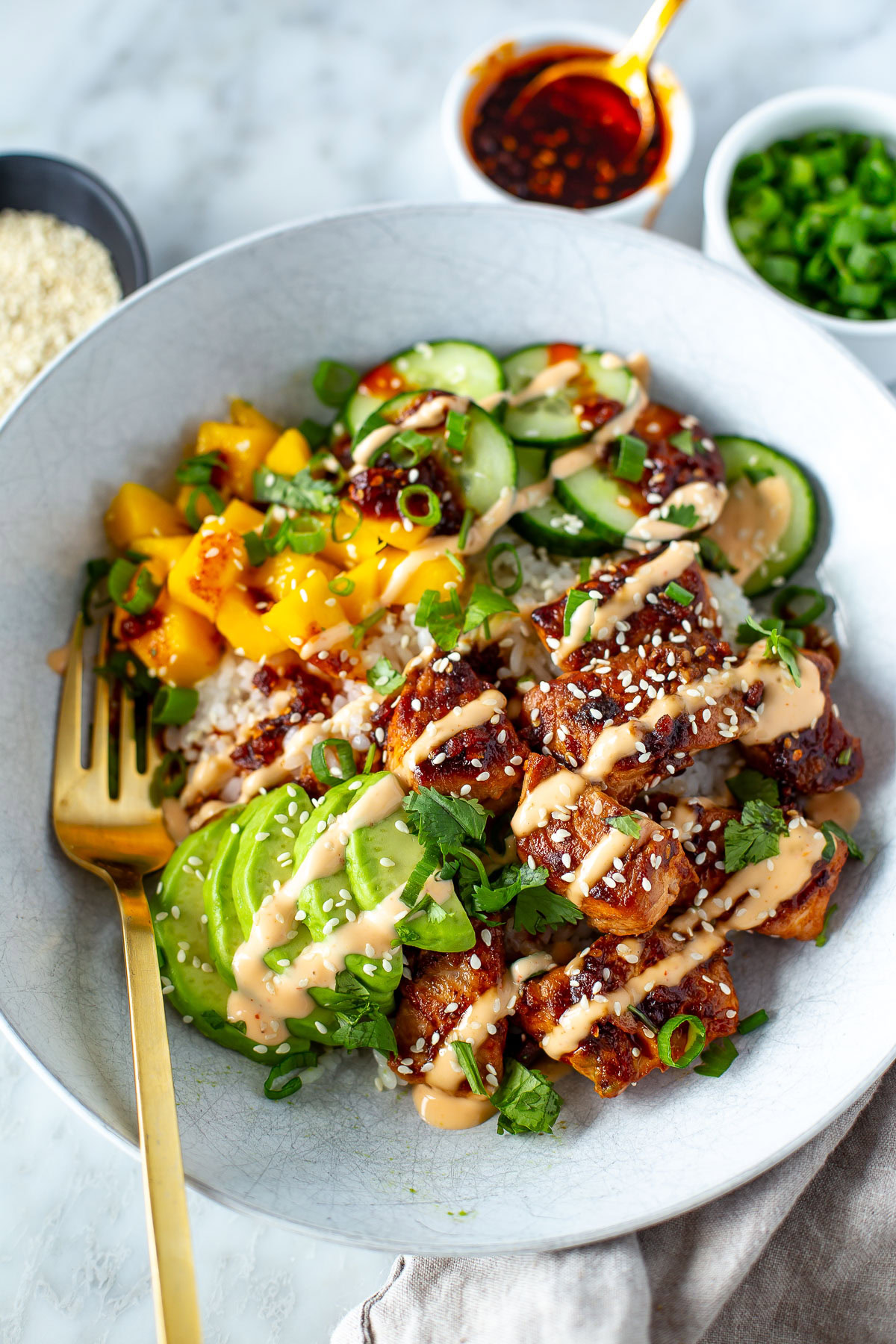 overhead shot of chili crisp salmon bowl 2