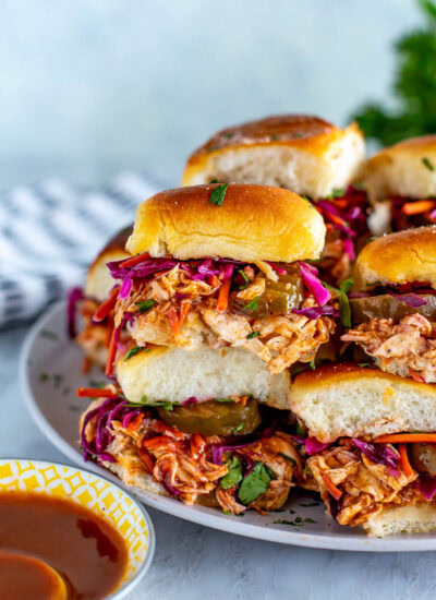 side shot of the plated dish of BBQ Chicken Sliders