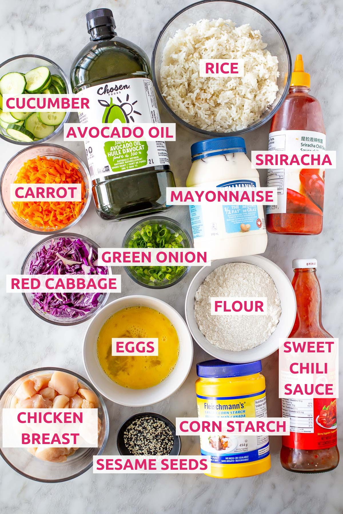 Overhead shot of all the ingredients for Bang Bang Chicken with labels.