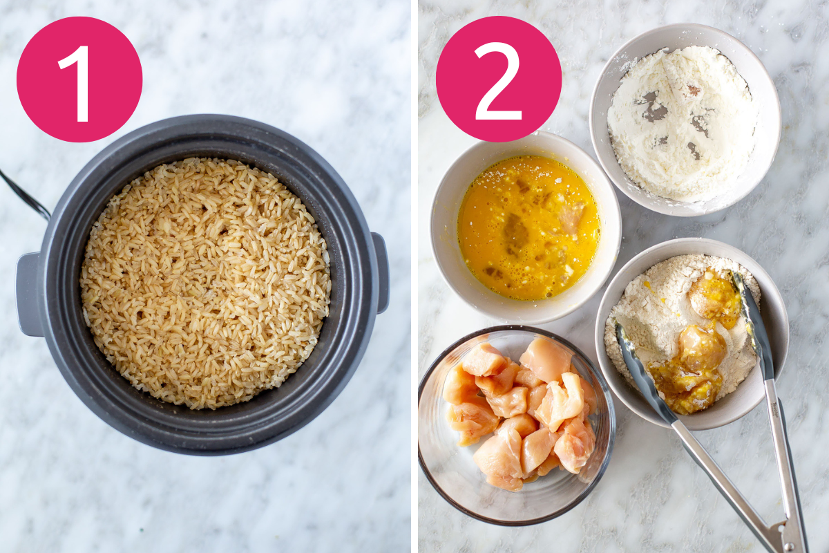 Collage image of Bang Bang Chicken step 1 & 2.