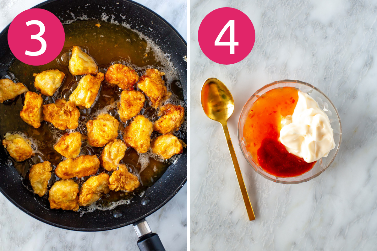 Collage image of Bang Bang Chicken step 3 & 4.