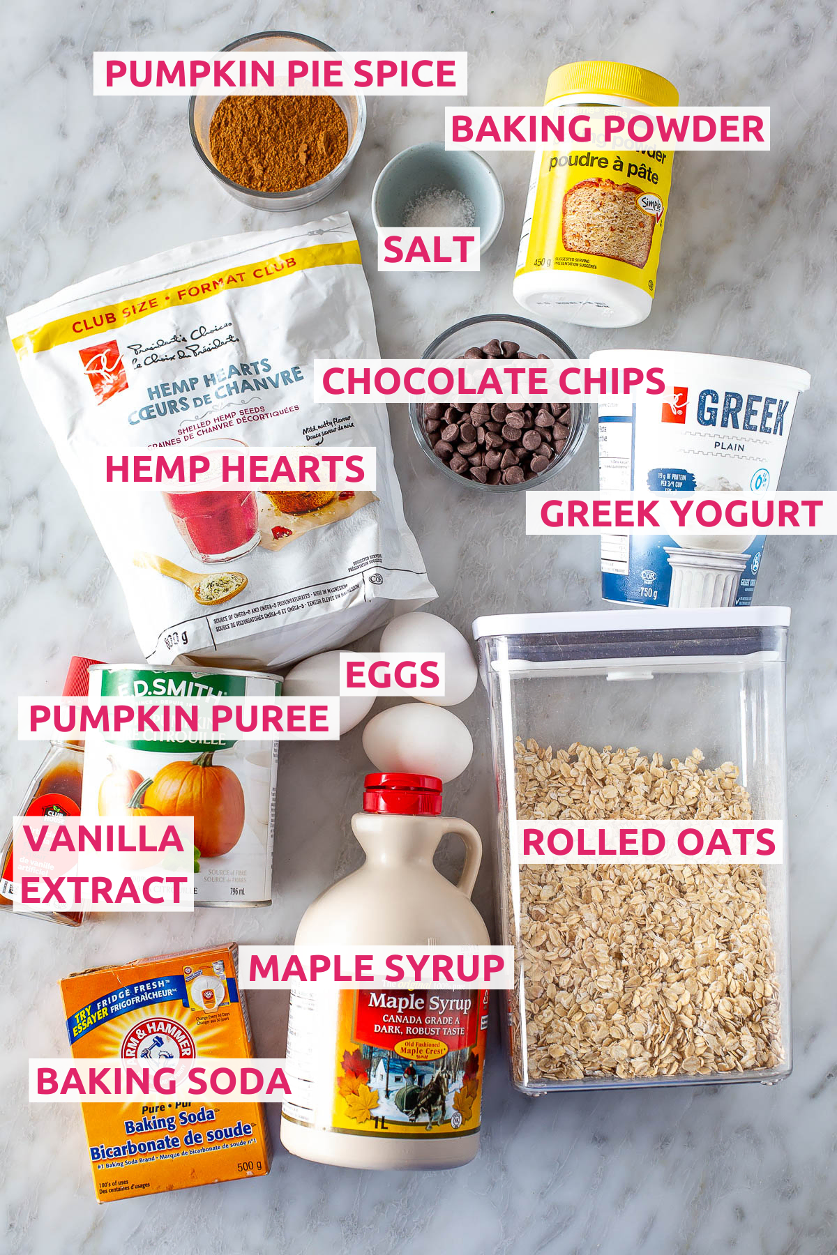 Overhead shot of all the ingredients for Chocolate Chip Pumpkin Protein Muffins with labels.