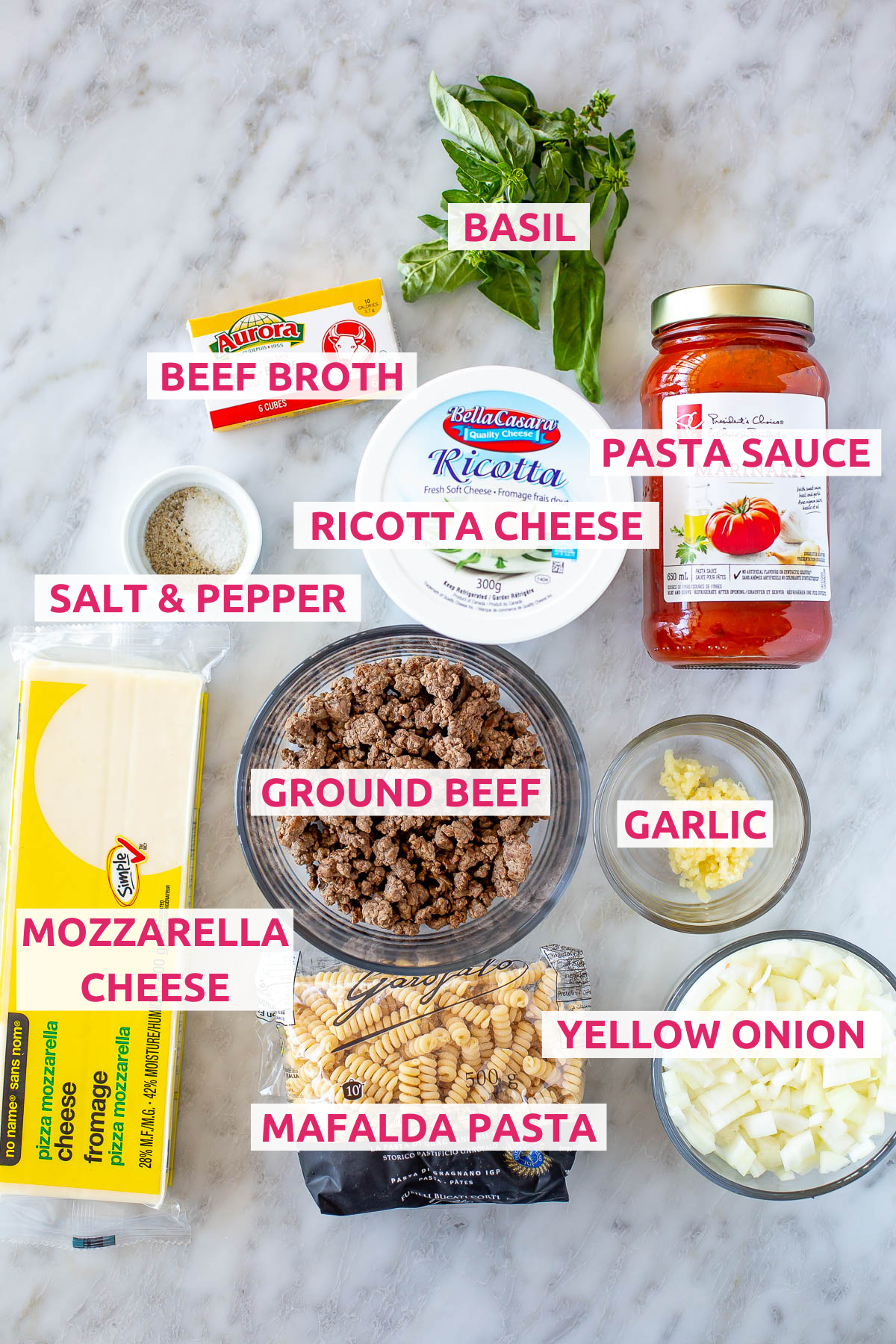 Overhead shot of all the ingredients for Easy Crockpot Lasagna Soup with labels.