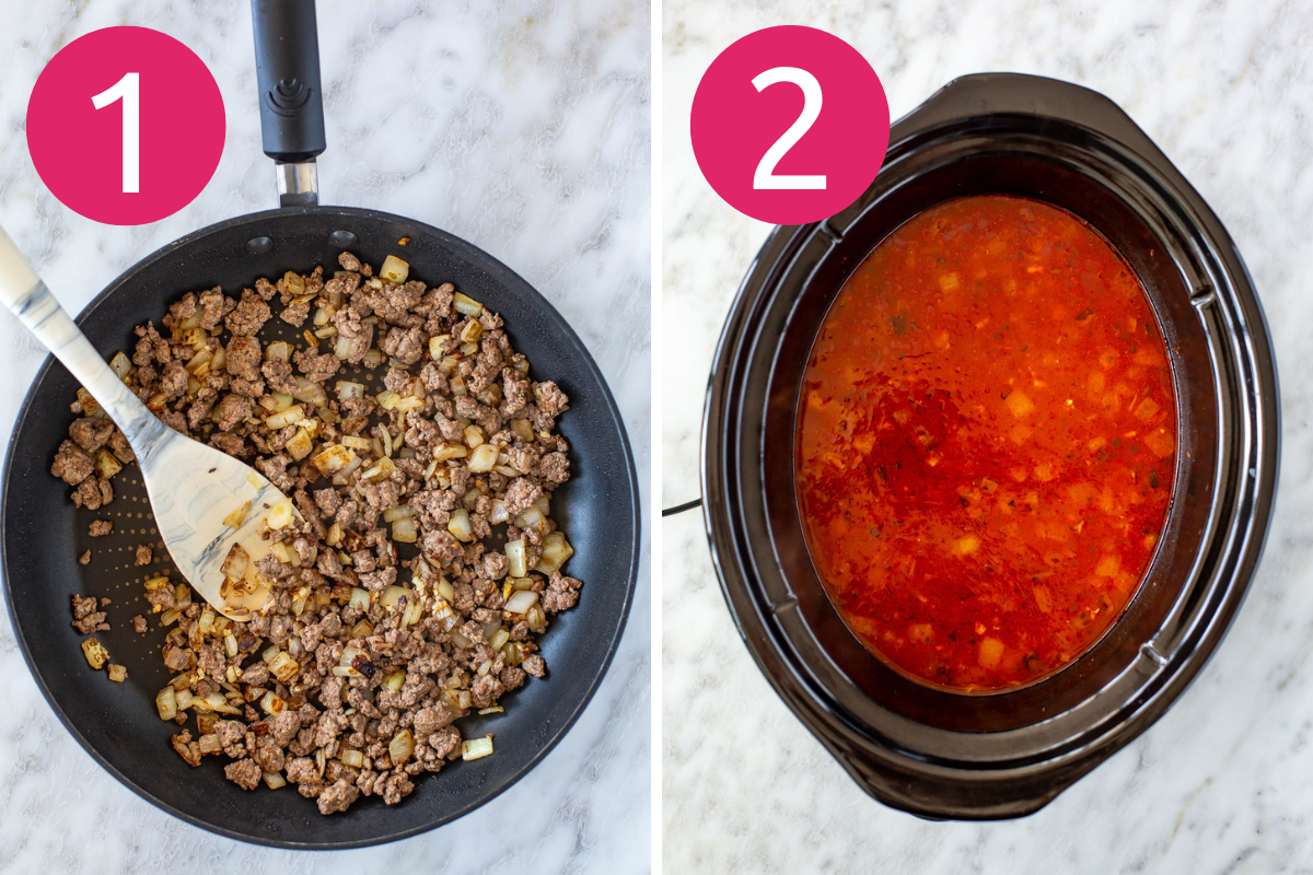 Collage image of Easy Crockpot Lasagna Soup step 1 & 2.