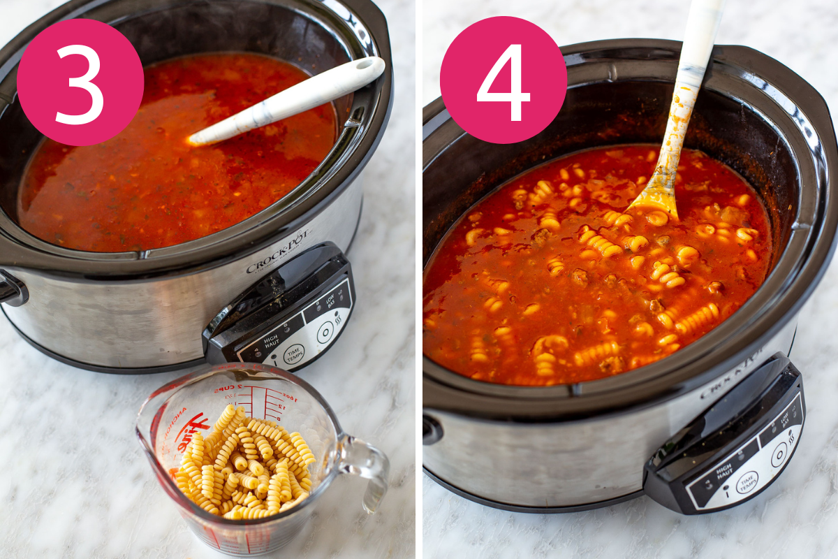 Collage image of Easy Crockpot Lasagna Soup step 3 & 4.