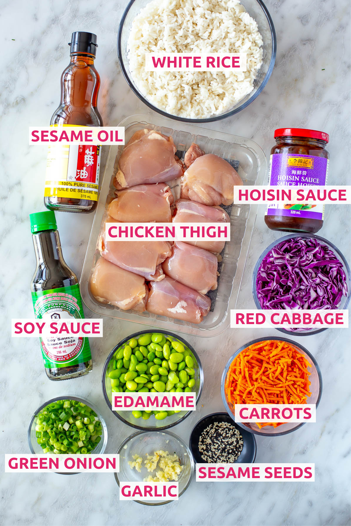 Overhead shot of Easy Teriyaki Bowl ingredients, including chicken, rice, sauces, and vegetables with labels.