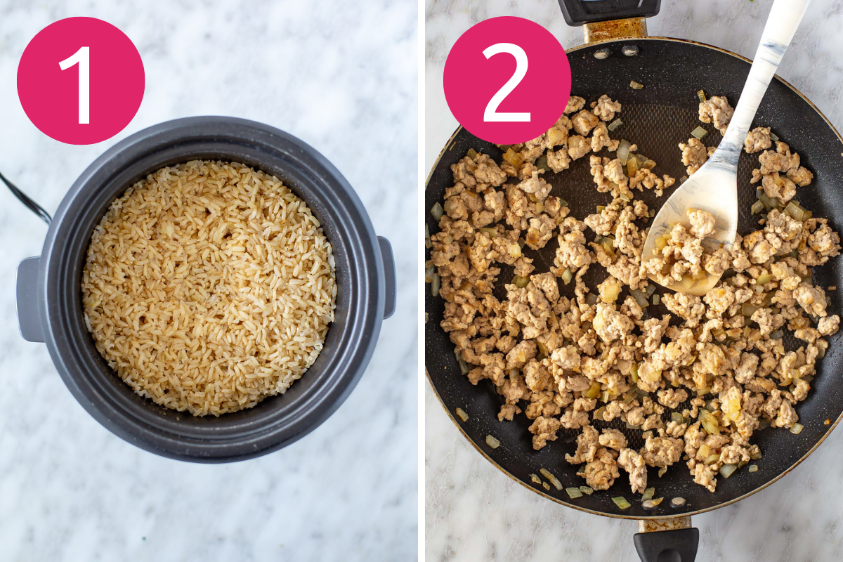 Collage image of Egg Roll in a Bowl {High Protein} step 1 & 2