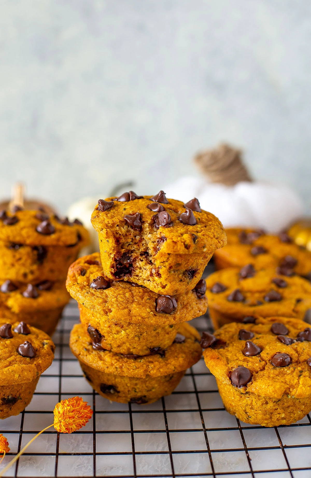 Side shot of a stack of three pumpkin protein muffins with chocolate chips, one with a bite taken out of it.