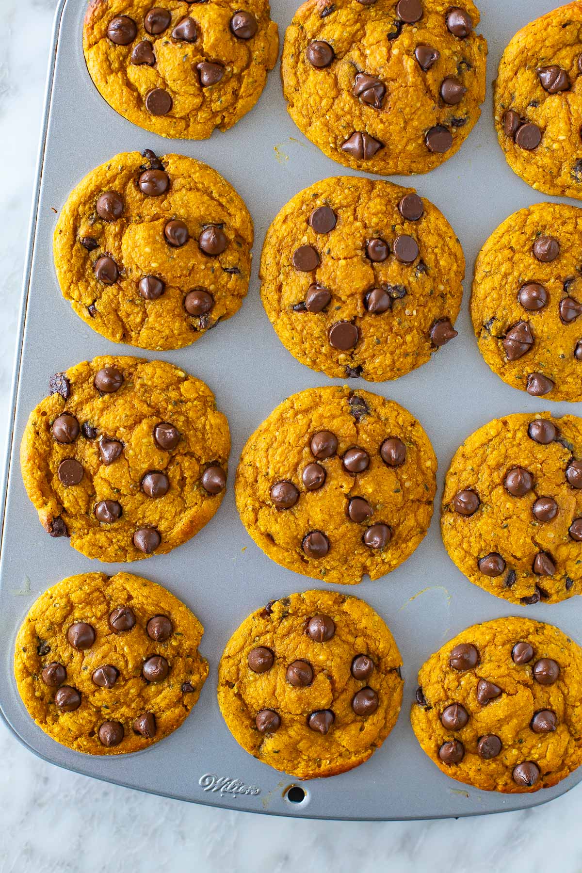 Overhead shot of a dozen pumpkin protein muffins with chocolate chips in a muffin tin.