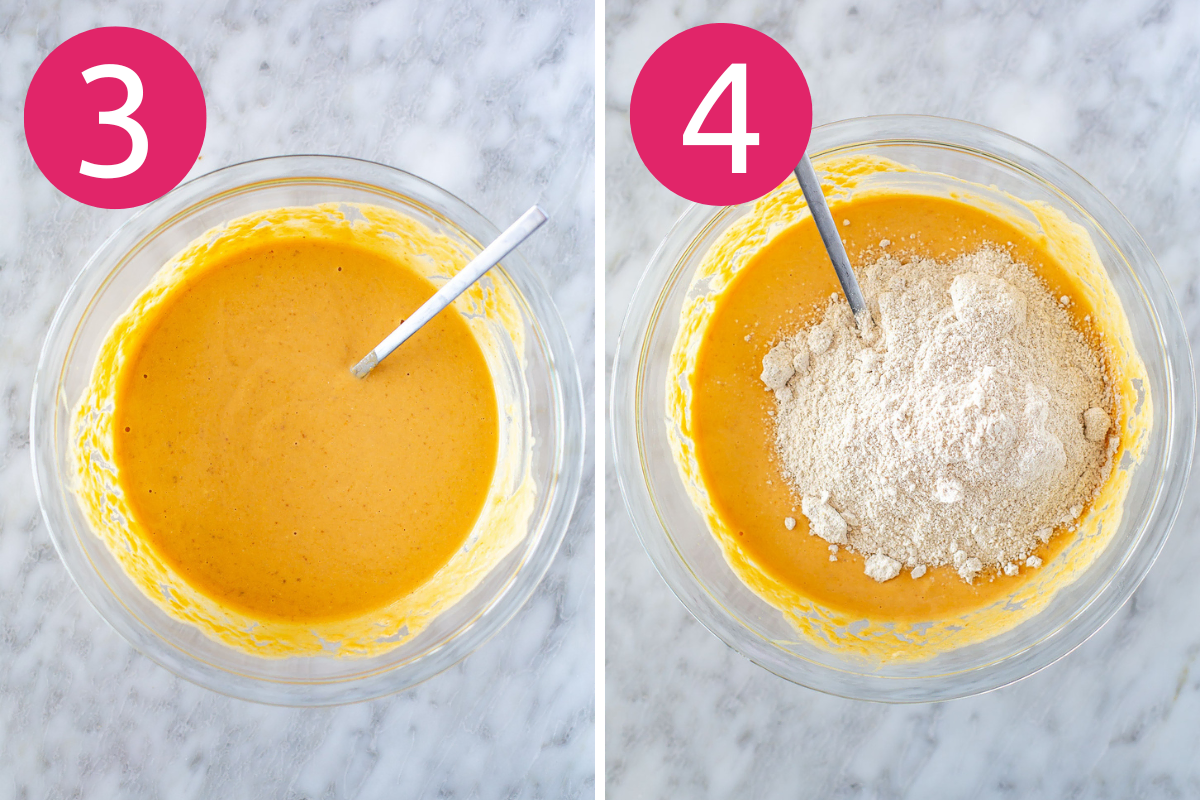 Collage image of Pumpkin Protein Muffins step 3 & 4.