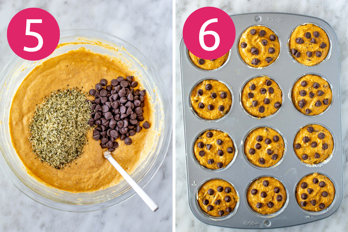 Collage image of Pumpkin Protein Muffins step 5 & 6.