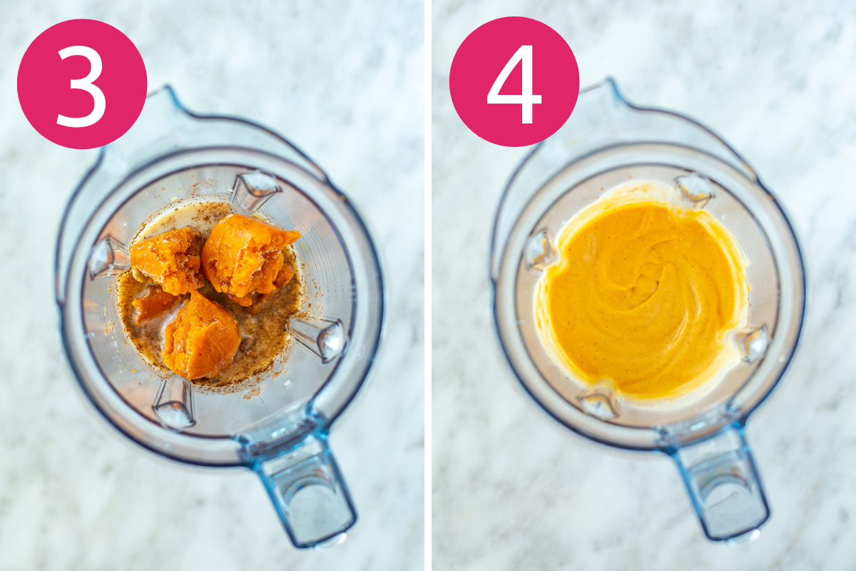 Collage image of Pumpkin Spice Protein Shake step 1 & 2.