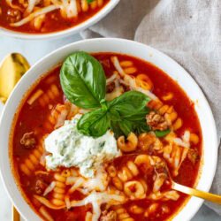 Overhead shot of a bowl of Easy Crockpot Lasagna Soup with a gold spoon.