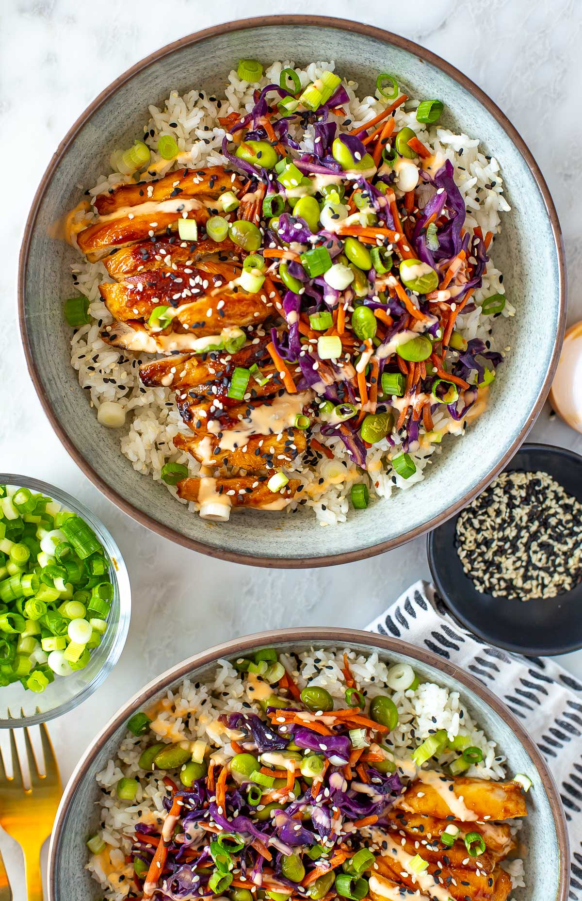 Overhead shot of two Teriyaki Bowls with sides of green onions and sesame seeds.