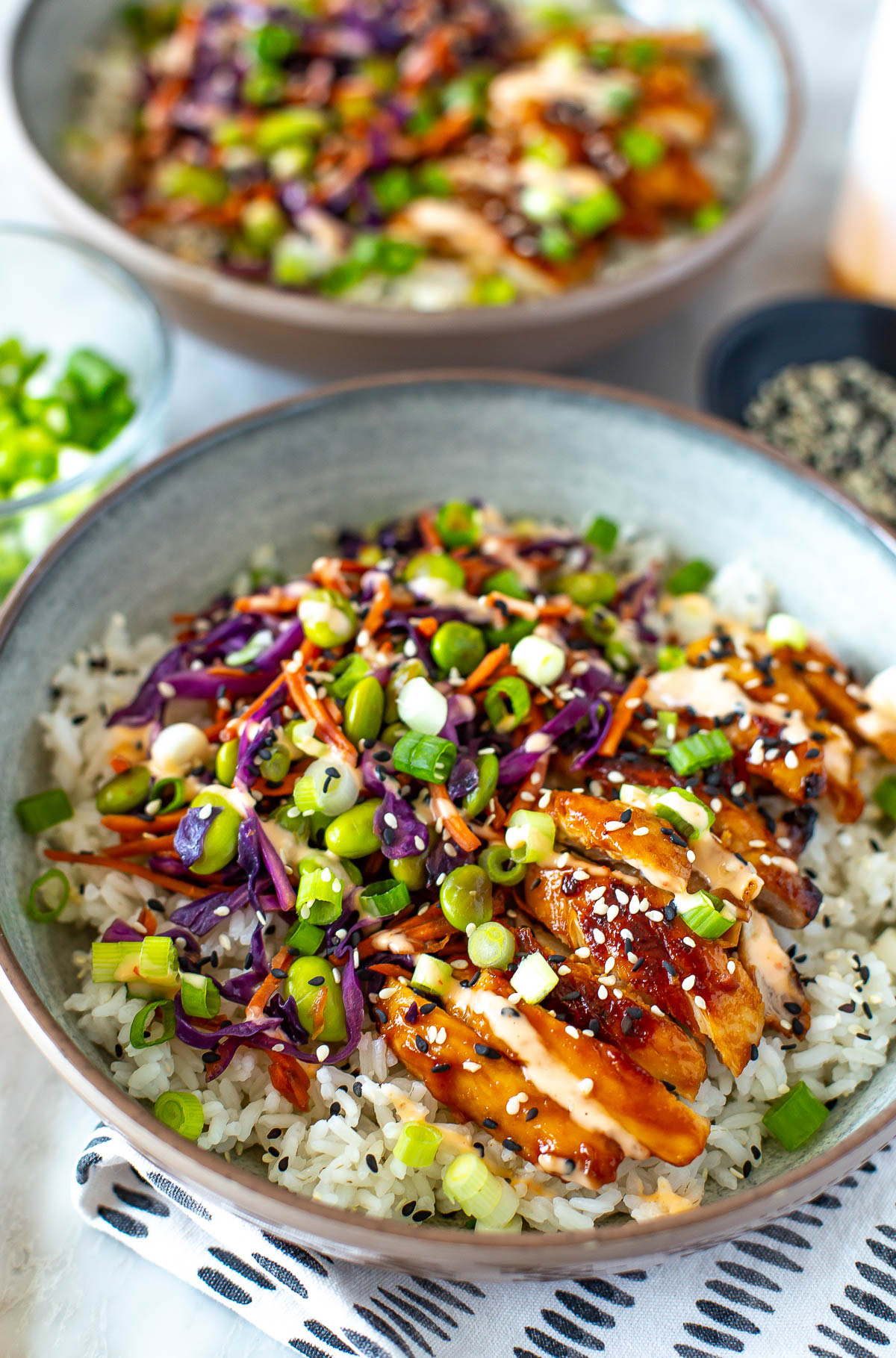 Side shot of a Teriyaki Bowl with another blurred in the background.