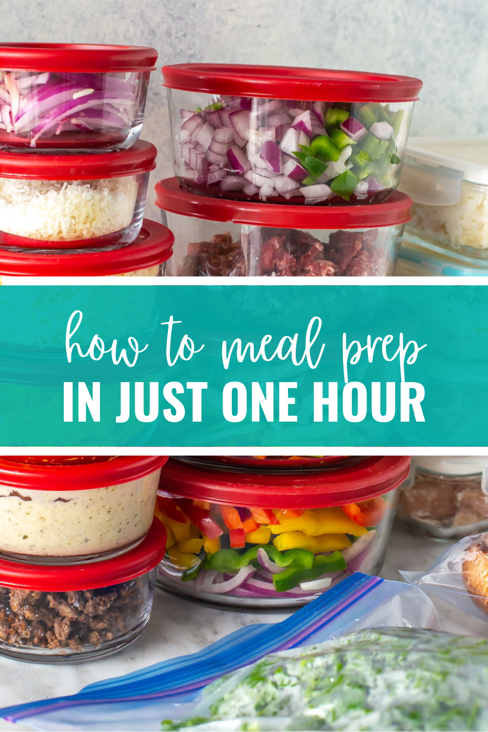 stacked meal prep containers with a text banner saying "how to meal prep in just one hour".