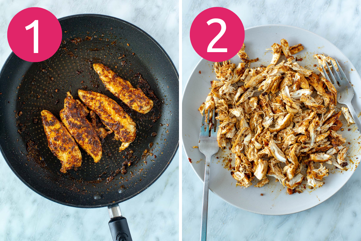 Collage image of Cheesy Pulled Chicken Tacos step 1 & 2.