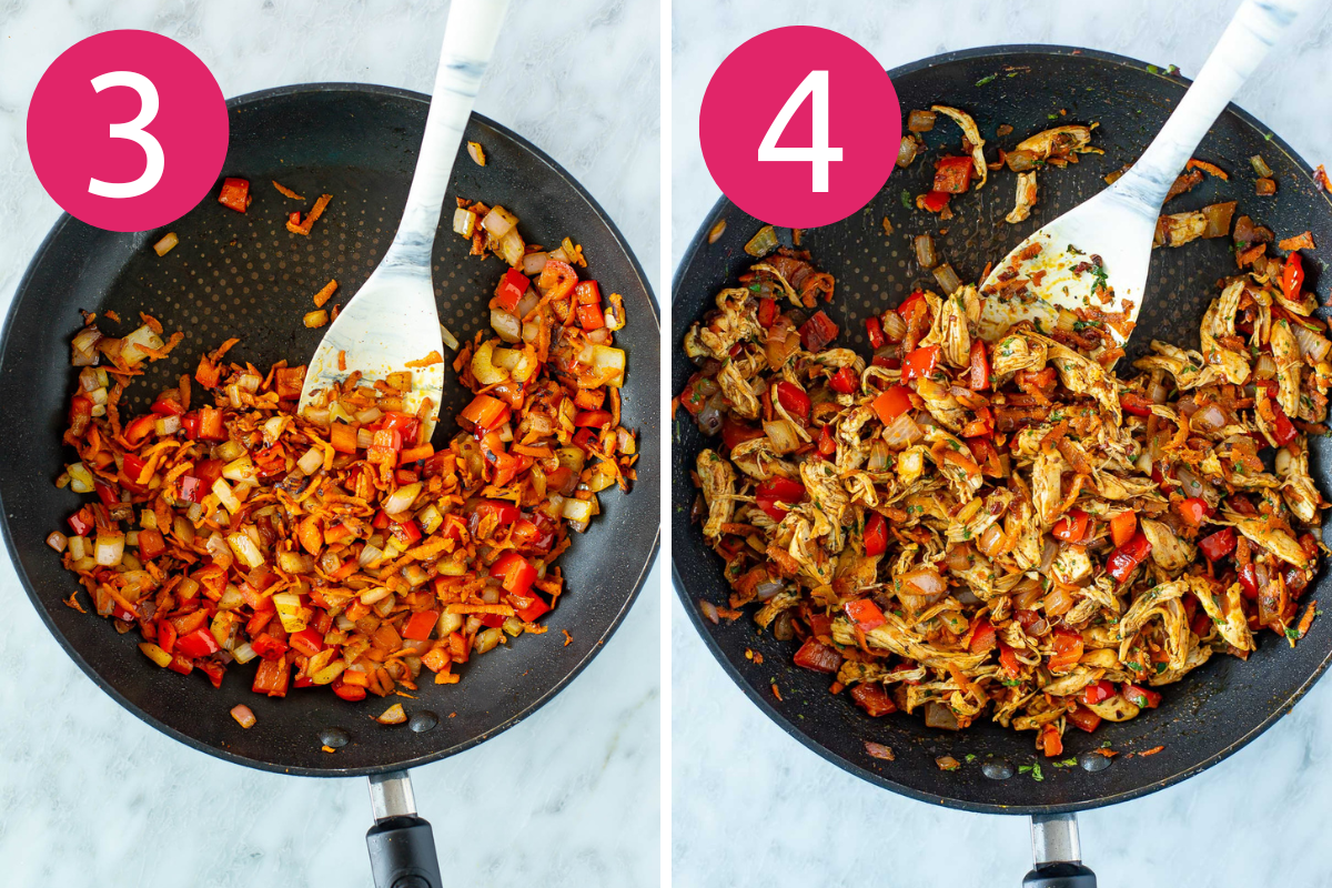 Collage image of Cheesy Pulled Chicken Tacos step 3 & 4.