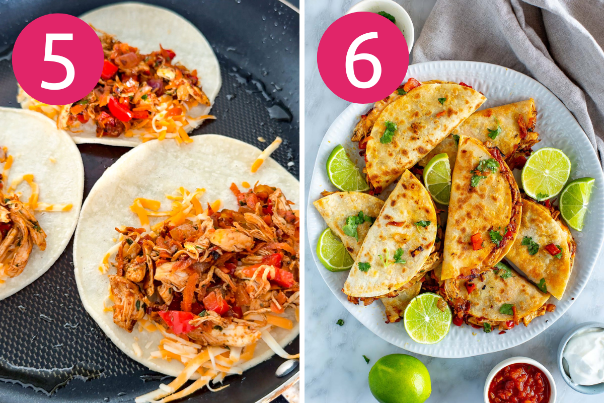 Collage image of Cheesy Pulled Chicken Tacos step 5 & 6.