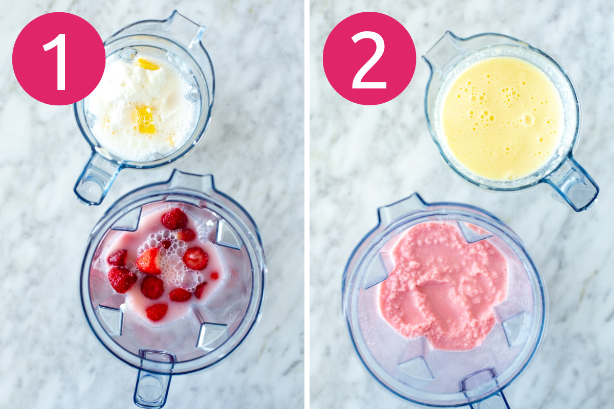 Collage image of Easy Strawberry Pineapple Smoothie step 1 and 2.