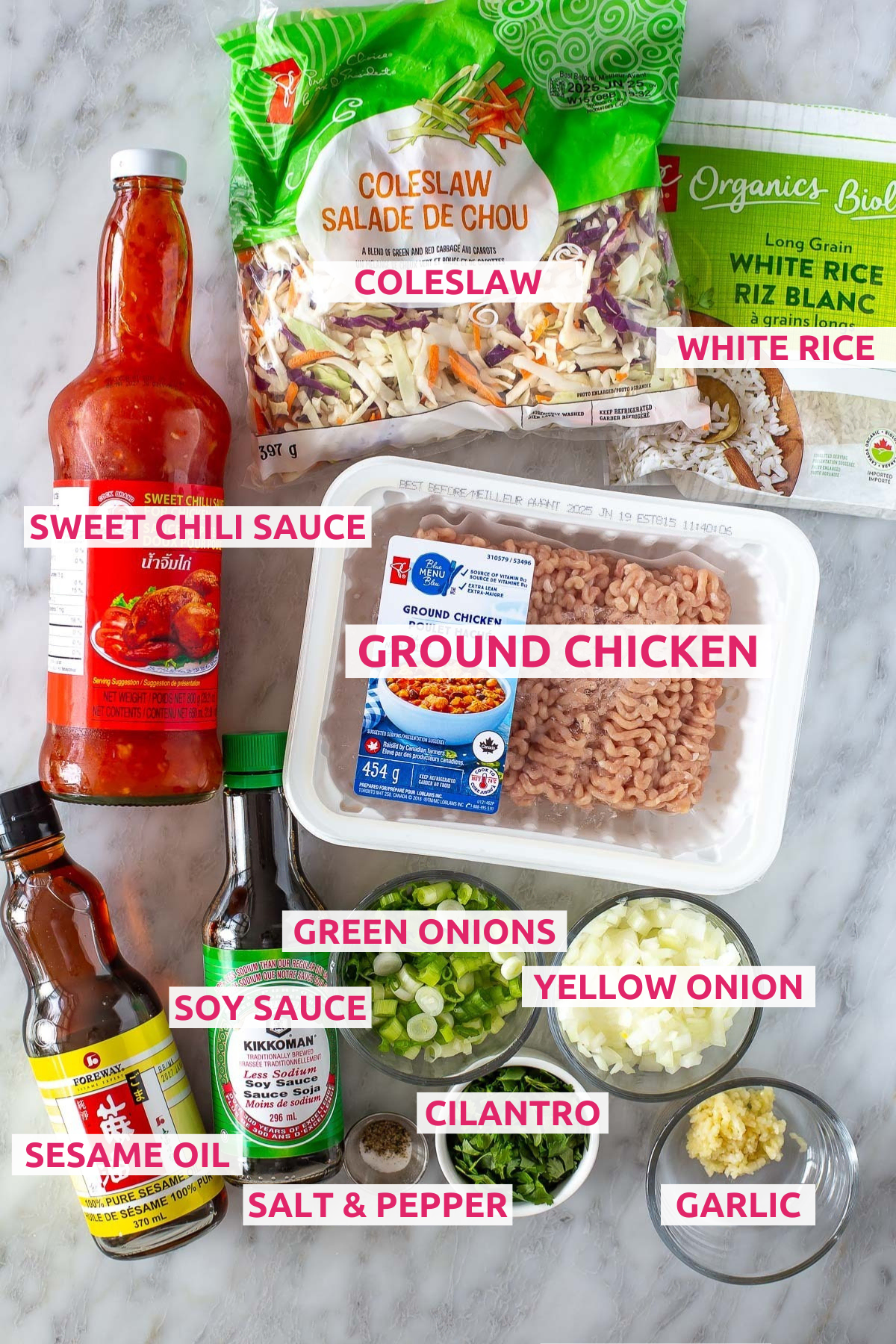 Overhead shot of all the ingredients for the Egg Roll in a Bowl recipe with labels.