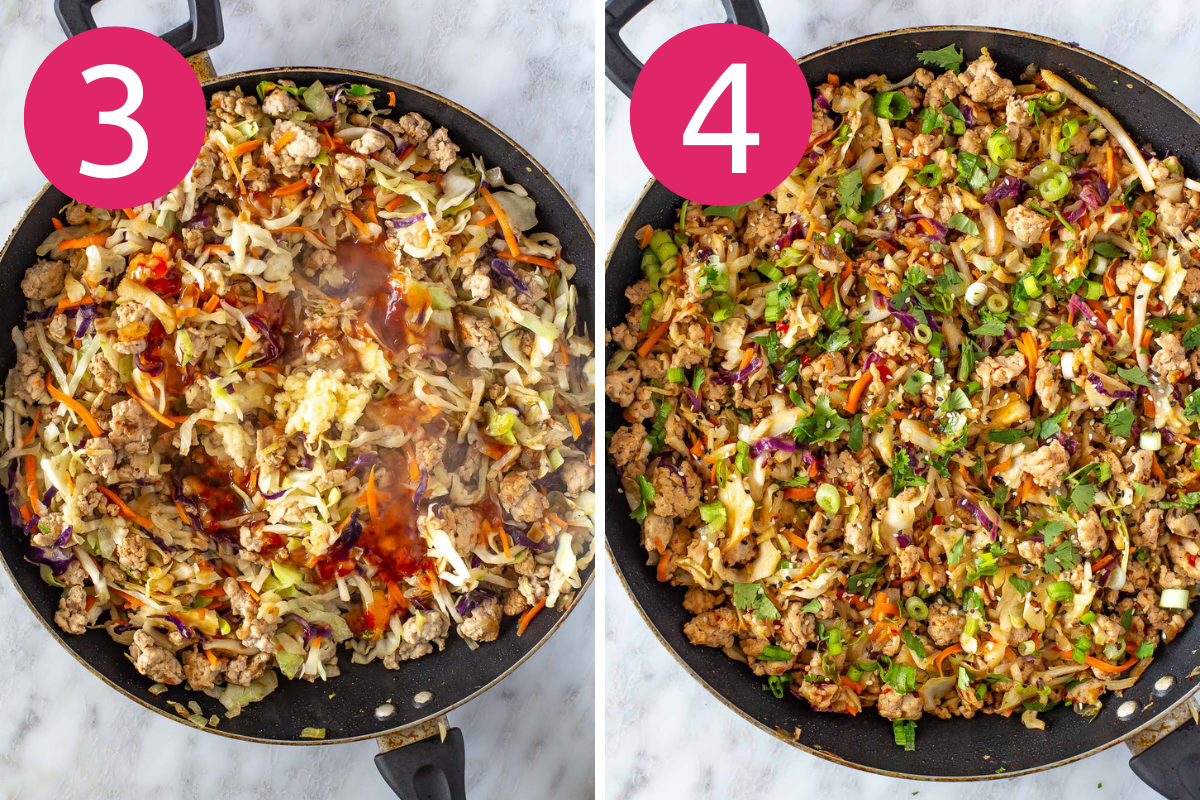 Collage image of Egg Roll in a Bowl {High Protein} step 3 & 4.