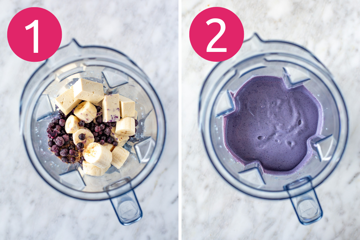Collage image of High Protein Blueberry Tofu Smoothie step 1 & 2.