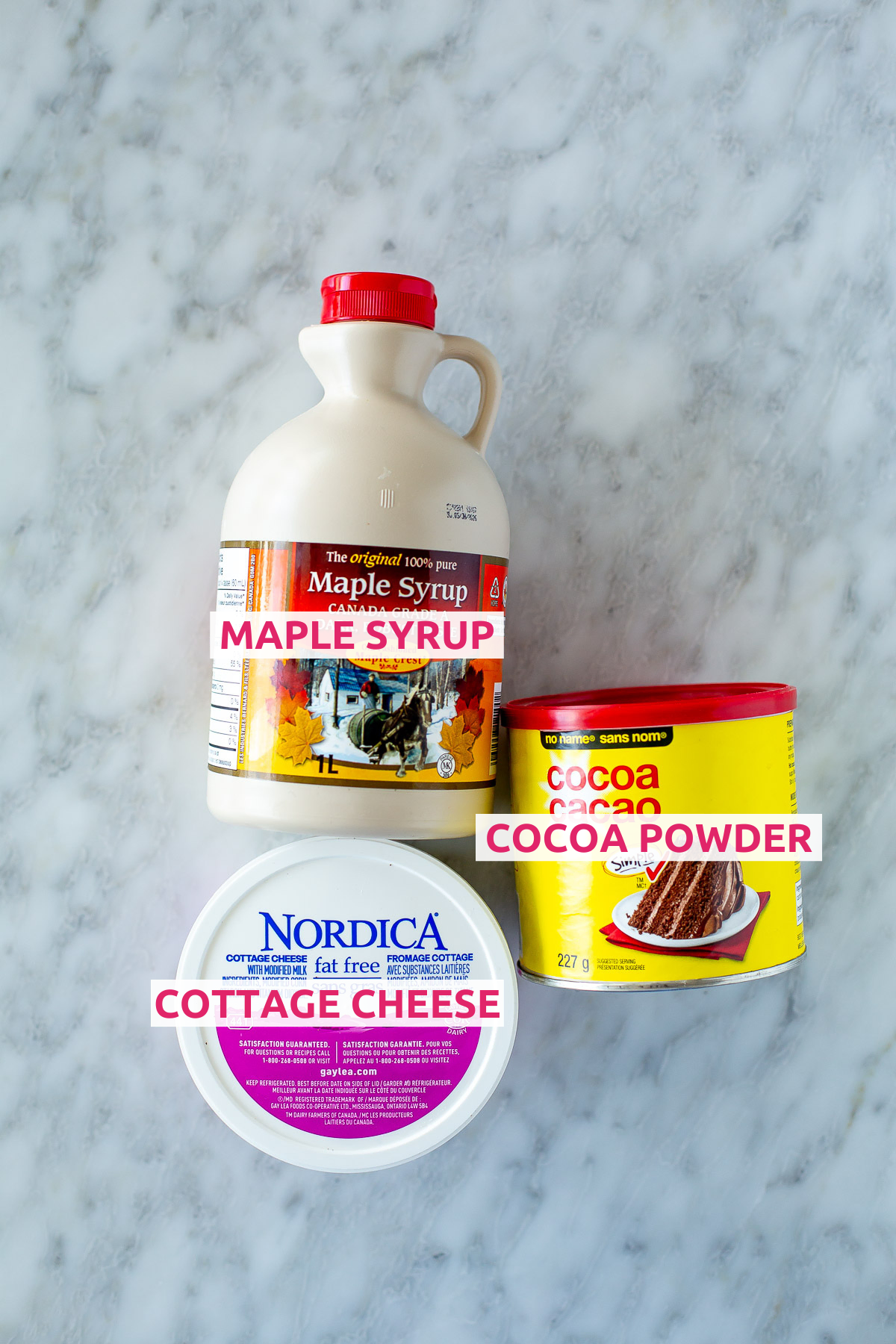 Overhead shot of all the ingredients for High Protein Chocolate Mousse with labels.