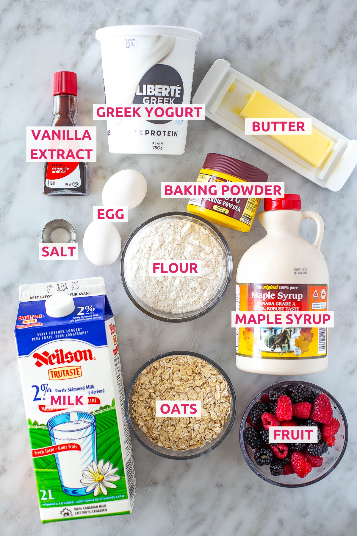Overhead shot of High Protein Greek Yogurt Pancakes ingredients with labels.