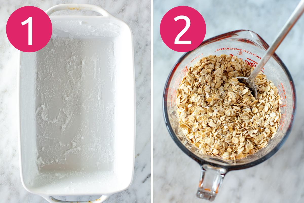 Collage image of baked peach oatmeal step 1 and 2.