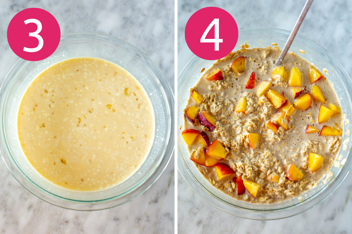 Collage image of baked peach oatmeal step 3 and 4.