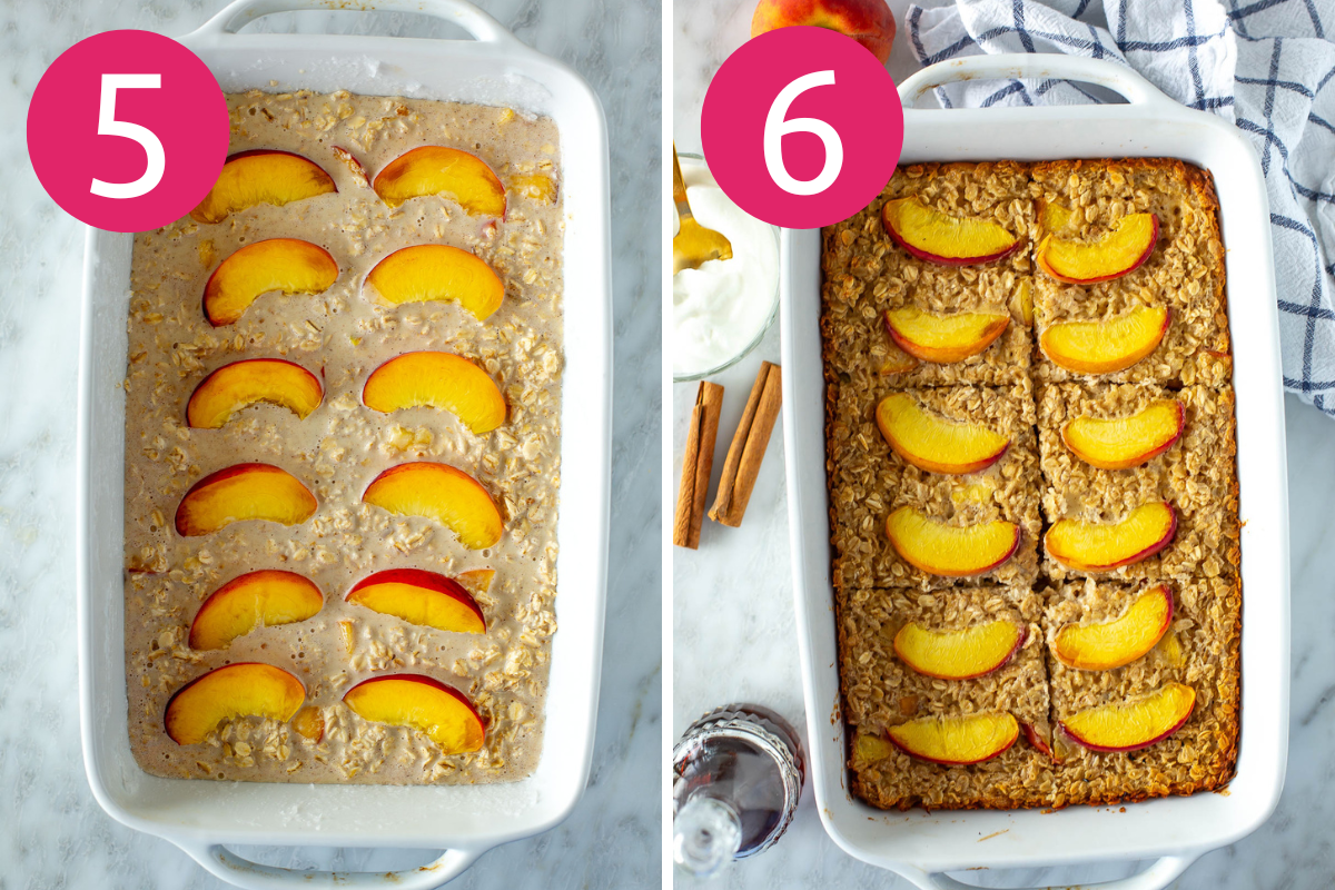 Collage image of baked peach oatmeal step 5 and 6.