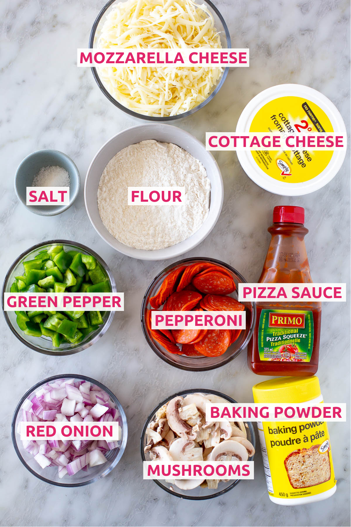 Overhead shot of all the ingredients for High Protein Pizza with labels.