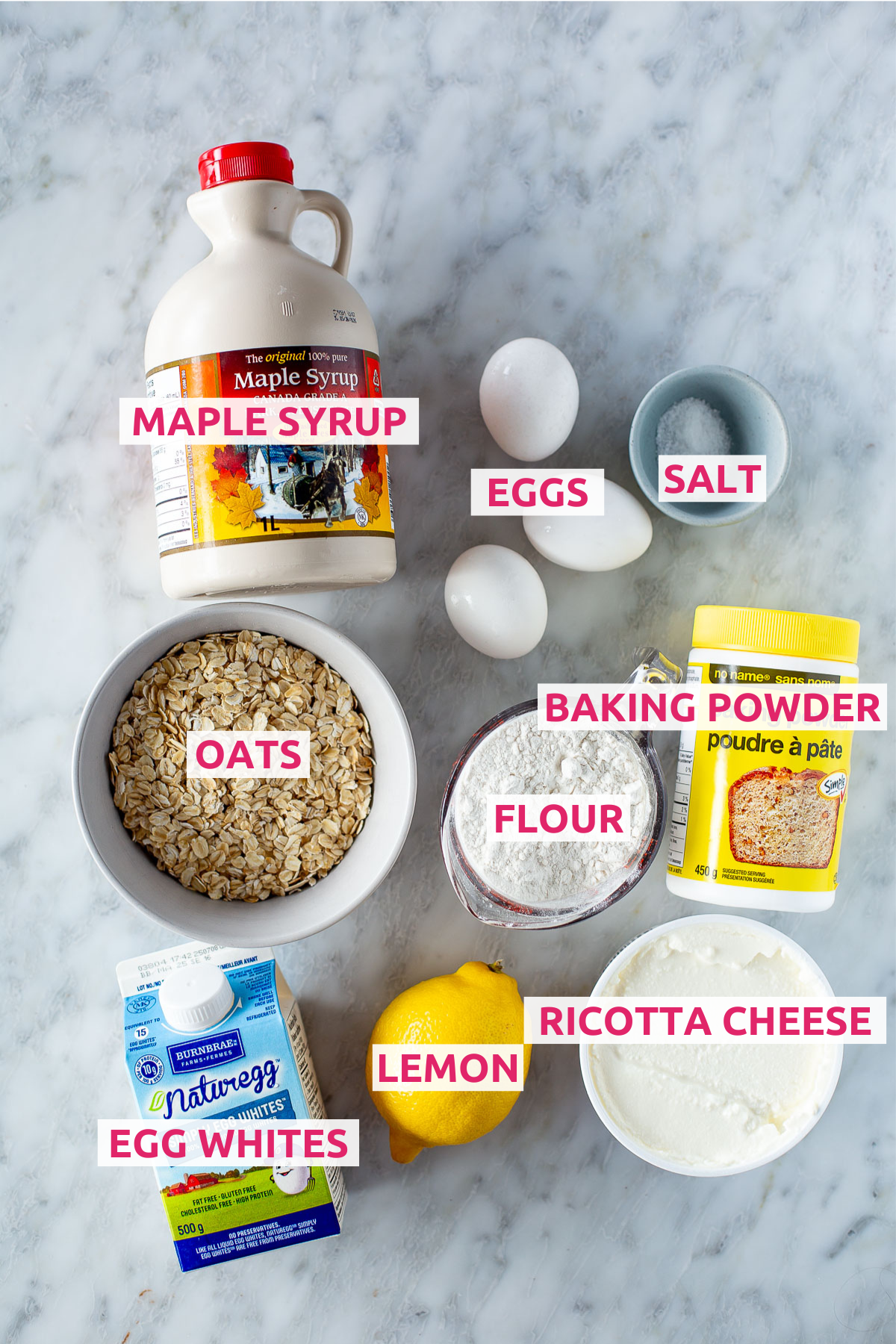 Overhead shot of all the ingredients for Lemon Ricotta Pancakes (High Protein) with labels.