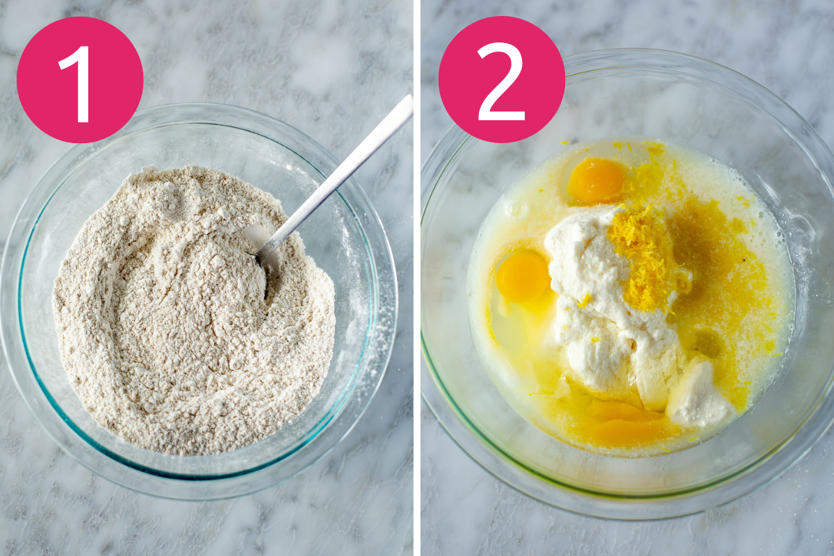 Collage image of Lemon Ricotta Pancakes (High Protein) step 1 & 2.