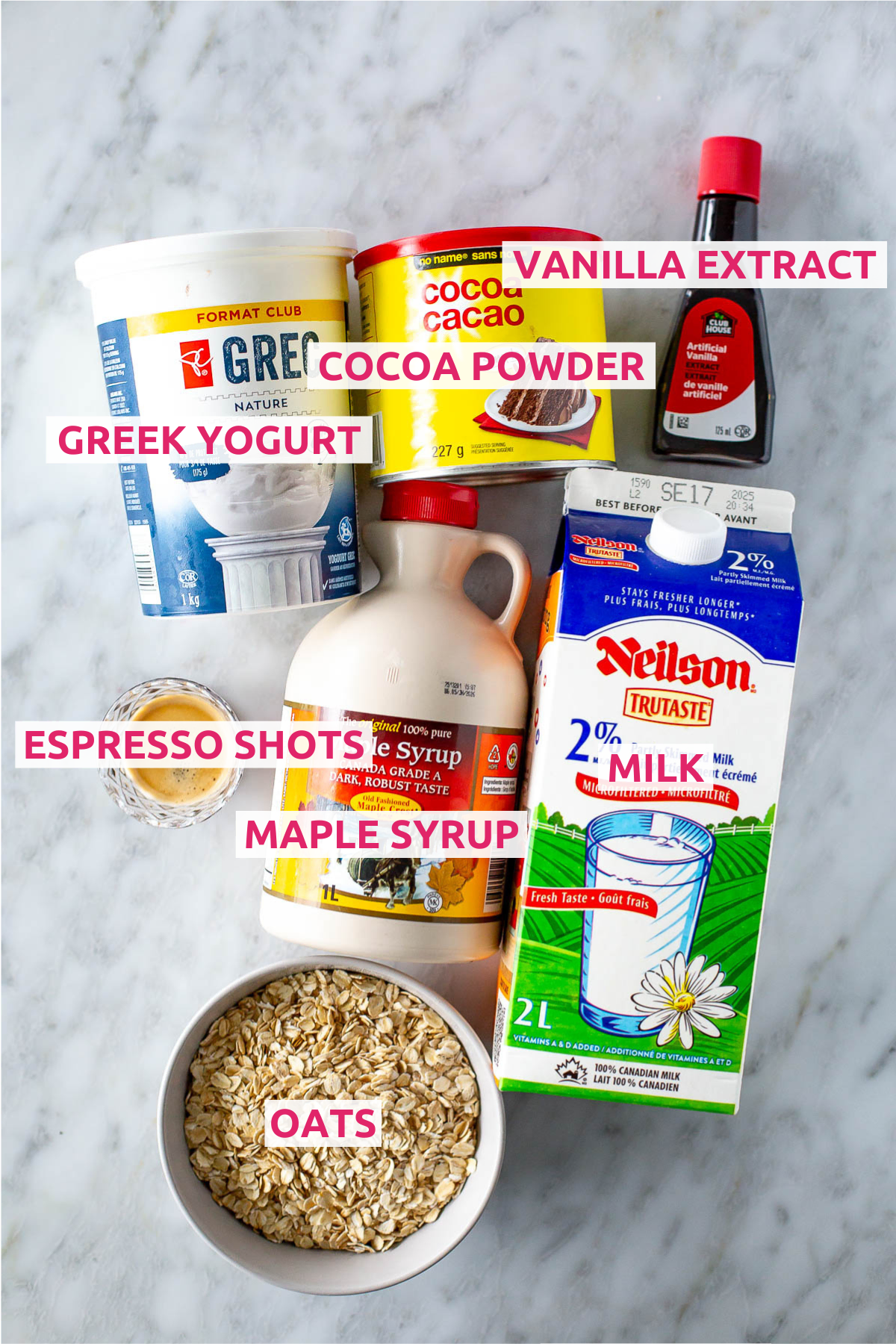 Overhead shot of all the ingredients for Tiramisu Overnight Oats with labels.