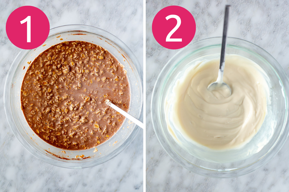 Collage image of Tiramisu Overnight Oats step 1 & 2.